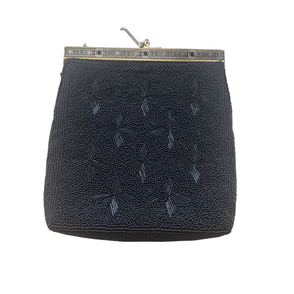 Vintage Hand Beaded Purse Clutch Hand Bag Black Hong Kong Frame Gold Tone